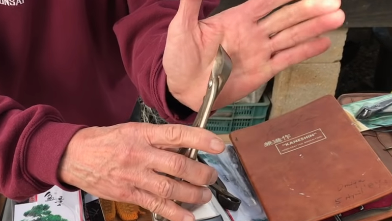close up of concave branch cutter in Peters hand