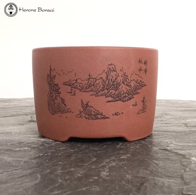 Unglazed Round Pot with Chinese Decoration (12cm)