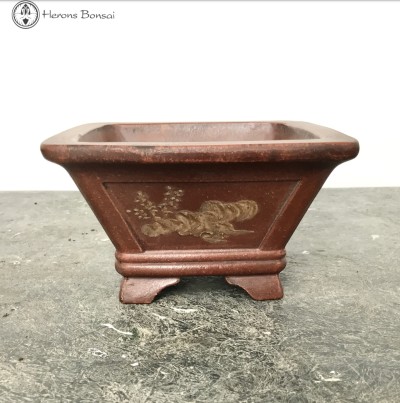 Unglazed Square Ceramic Bonsai Pot with Chinese decoration (12cm)